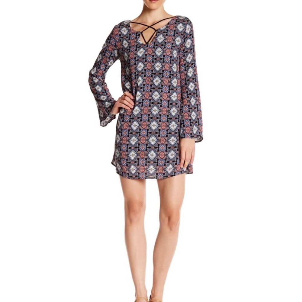 Printed Long Sleeve Dress in Navy Coral